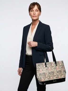 Harrods Beige Monogram Tote with Black Patent Trim